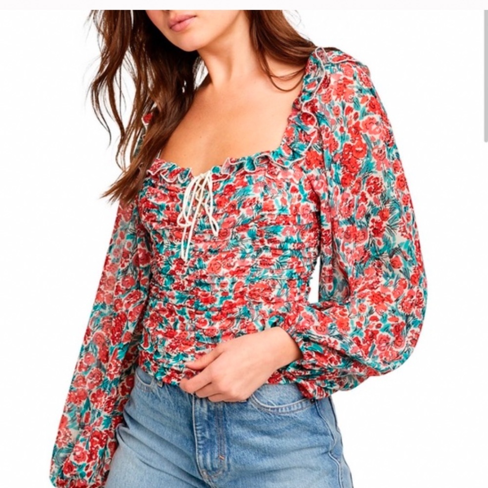 FREE PEOPLE roses cropped smocked peasant blouse top, XS.